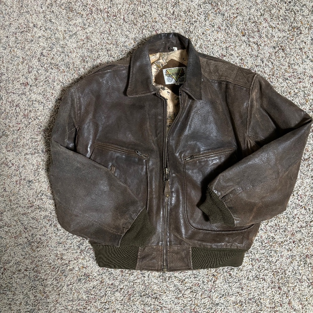 Leather Bomber Jacket, Distressed, Brown, Men's medium